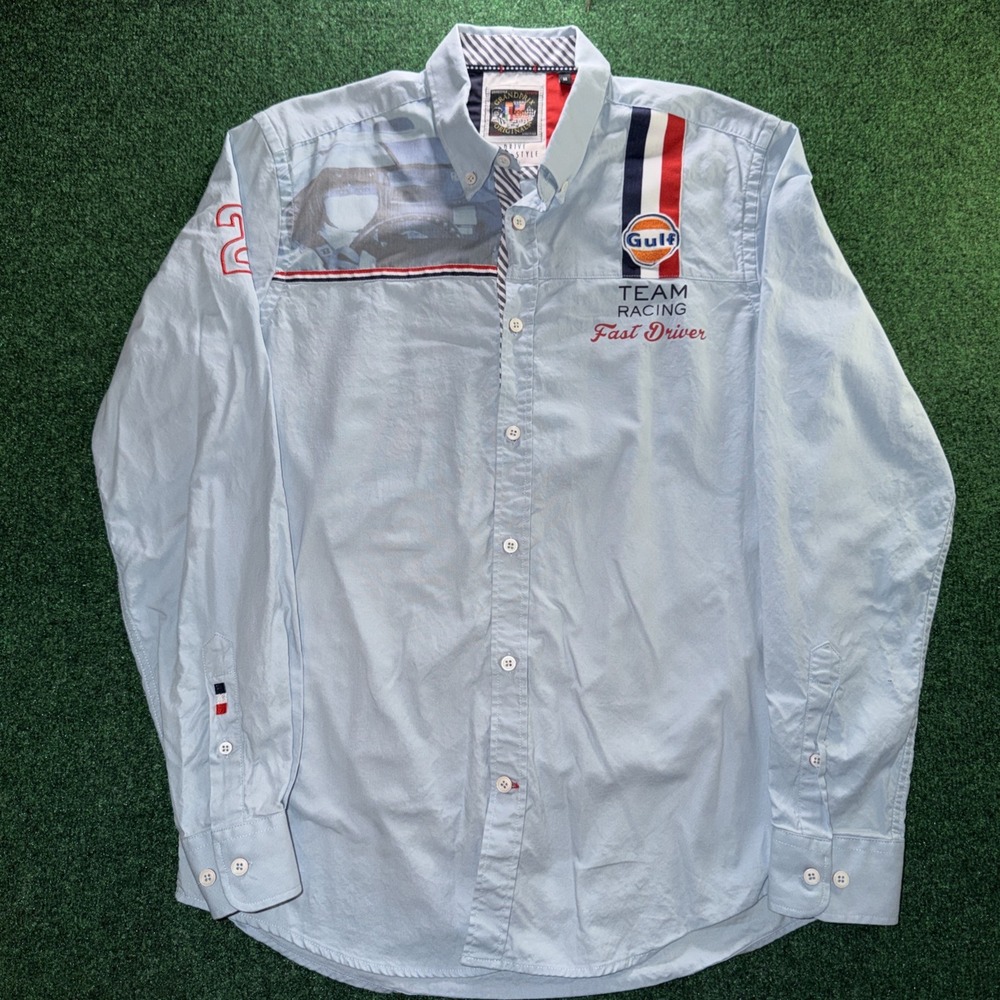 Grand Prix Originals Gulf Raving Button Down Men's M Blue Team Racing Shirt